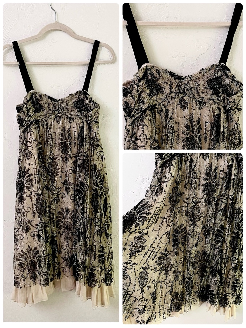 Diane von Furstenberg NWT Velvet & Lace Satin Babydoll Dress in Black and Gold